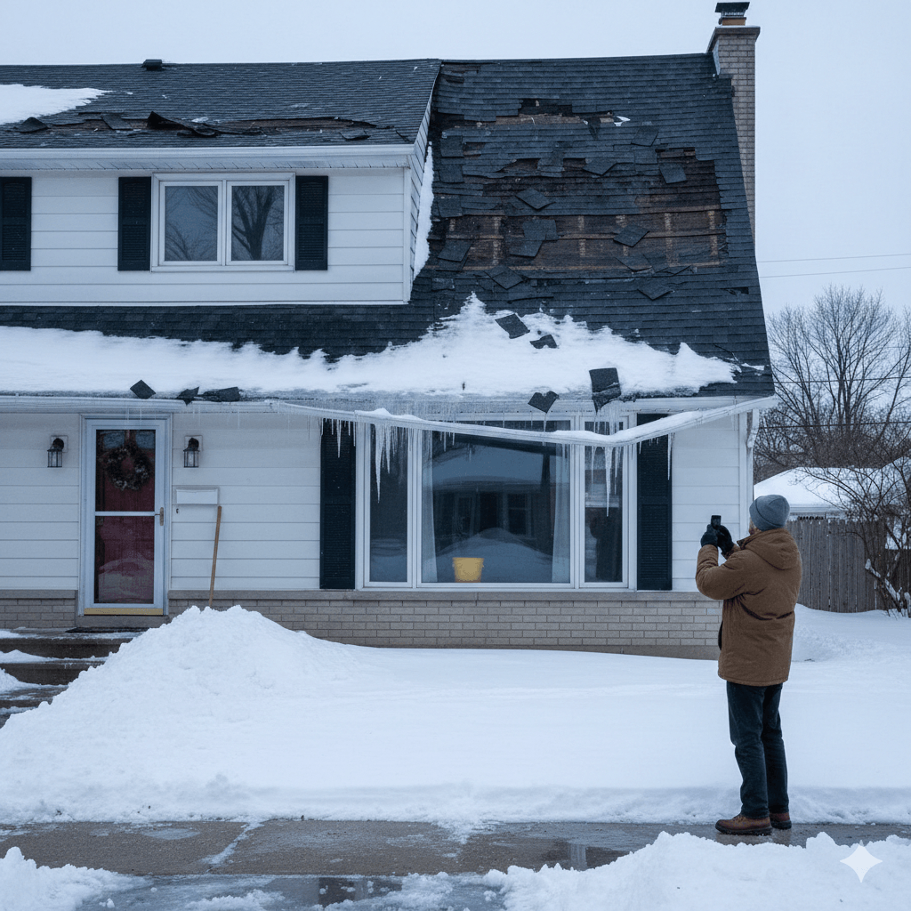 A roofer and a customer talking outside of a house.